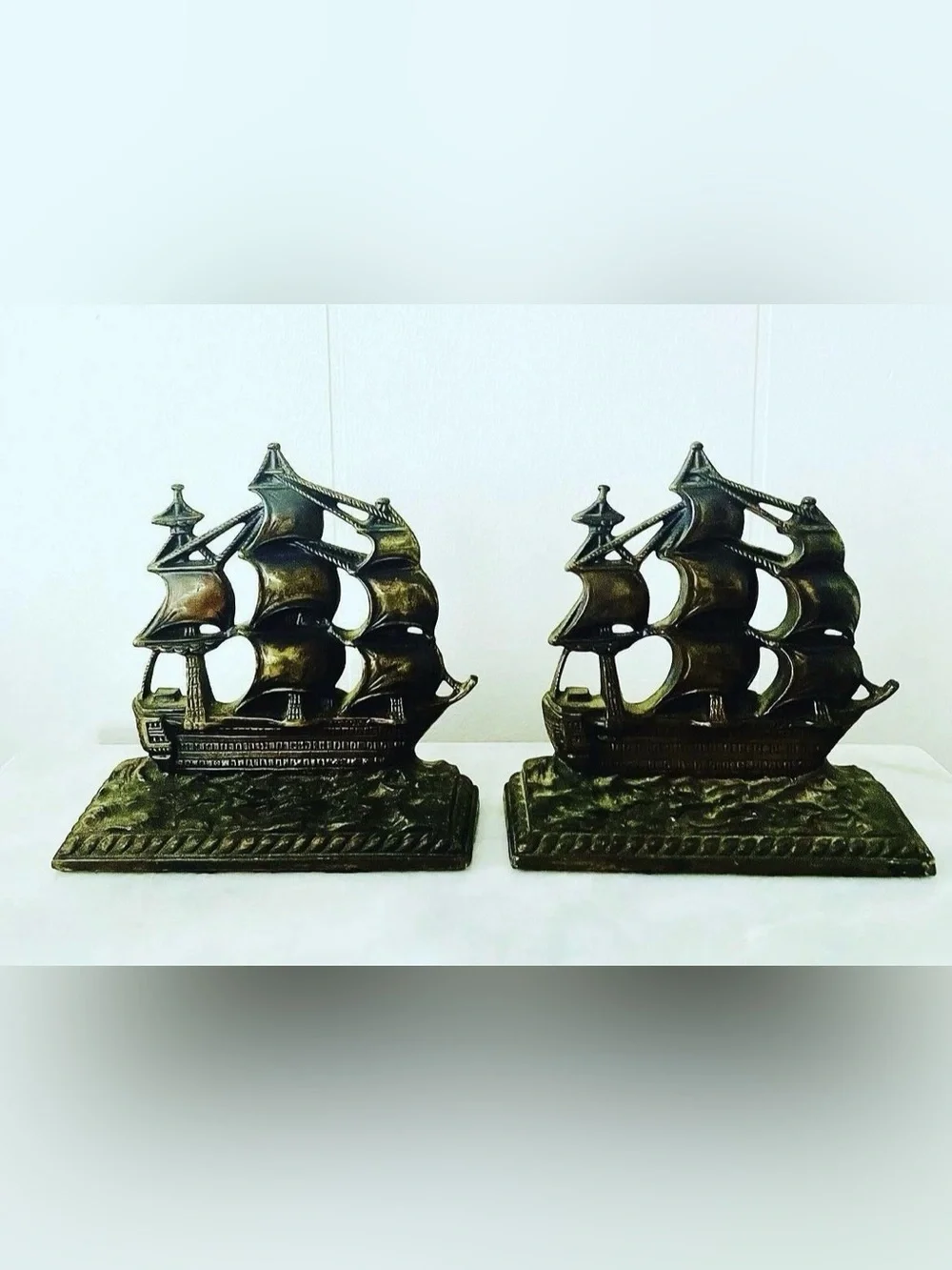 Classic Sailboat Cast Metal Bookends - Bronze Finish Vintage